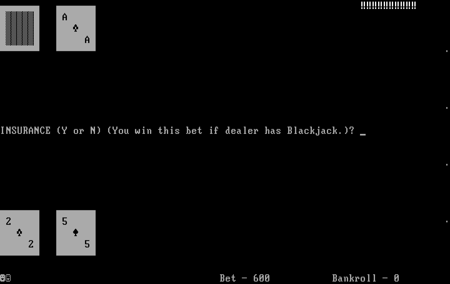 Las Vegas Blackjack IBM PC/Compatibles Screenshot: Do you want insurance?