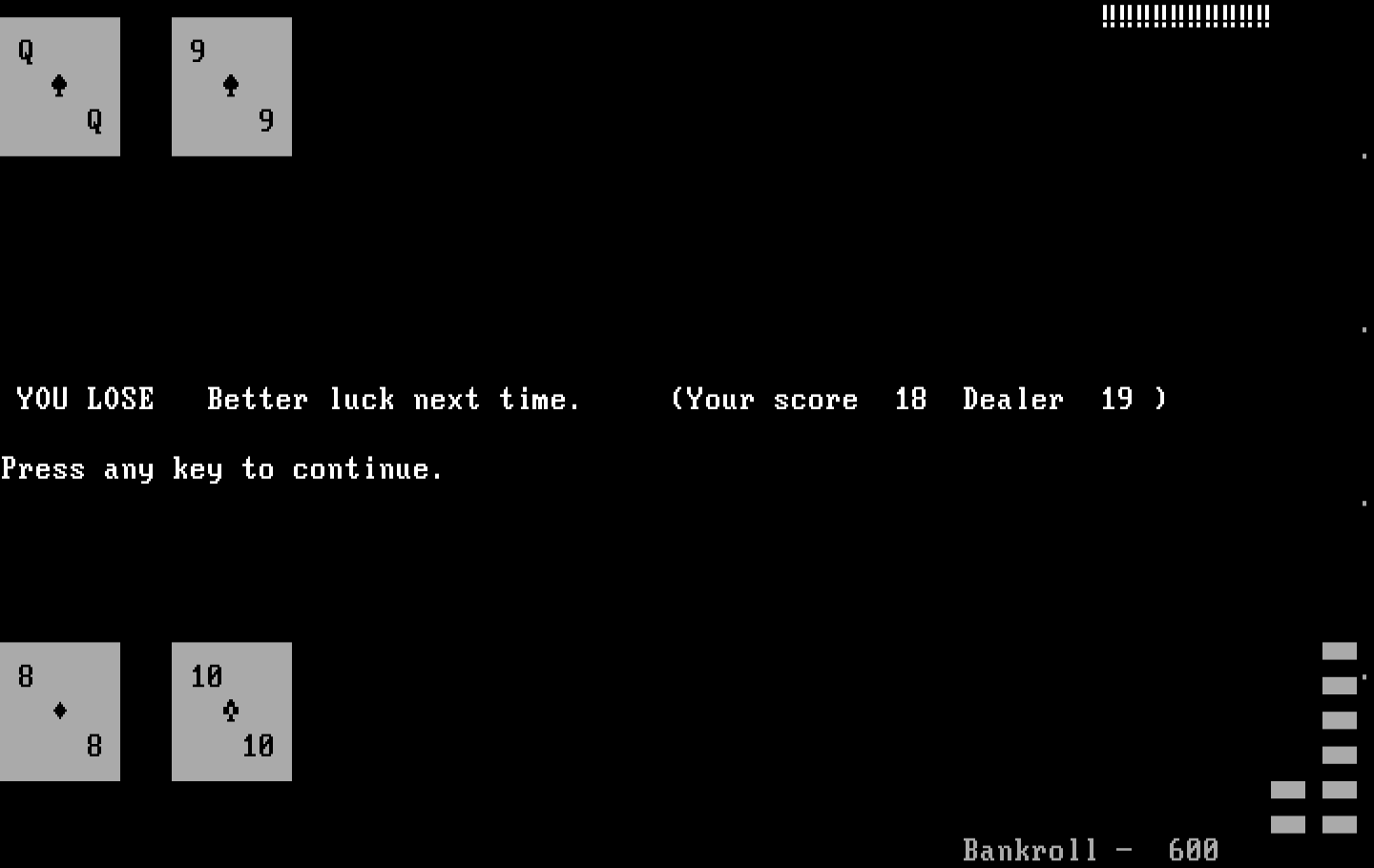 Las Vegas Blackjack IBM PC/Compatibles Screenshot: You lose!
