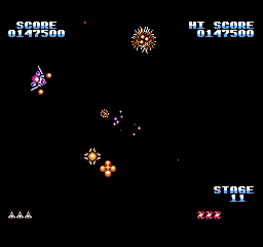 Gyruss NES / Famicom Screenshot: Those spikey creatures move rapidly, be on your guard!