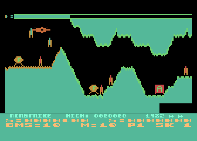 Airstrike Atari 8-bit Screenshot: Crash! A missile got me this time...