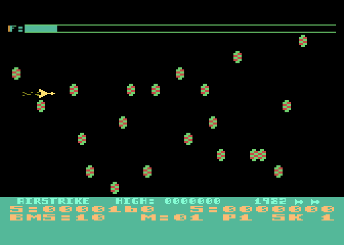 Airstrike Atari 8-bit Screenshot: There's a lot to crash into here, be careful navigating...