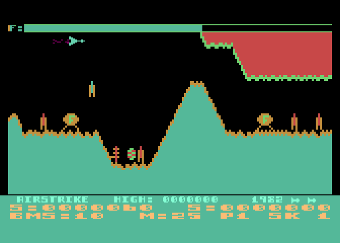 Airstrike Atari 8-bit Screenshot: Missile launch! Don't get hit...