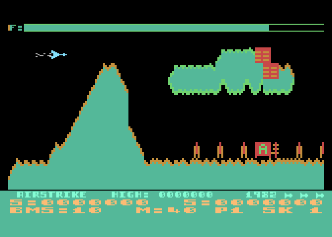 Airstrike Atari 8-bit Screenshot: Game start.