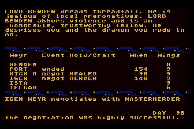 Dragonriders of Pern Atari 8-bit Screenshot: The negotiation was highly successful...