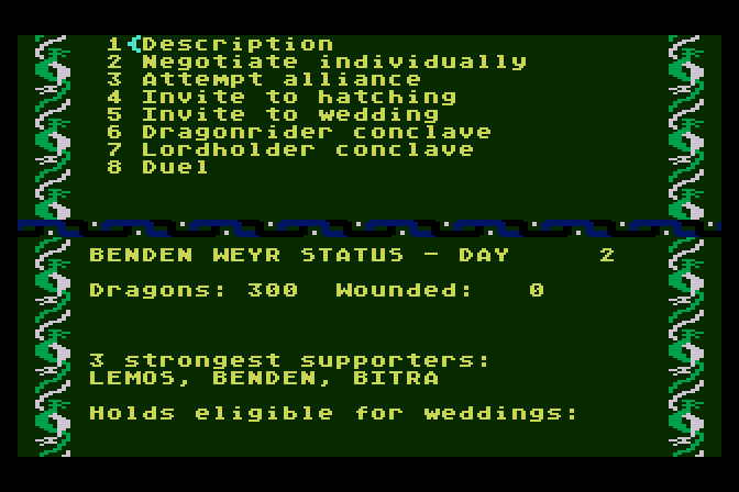 Dragonriders of Pern Atari 8-bit Screenshot: The main in-game menu.