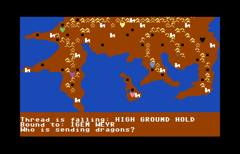 Dragonriders of Pern Commodore 64 Screenshot: Uh oh, thread is falling!
