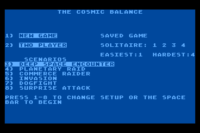 Cosmic Balance, The Atari 8-bit Screenshot: Game settings.