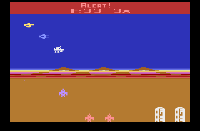 Mega Force Atari 2600 Screenshot: Your vehicle can fly as well as drive...