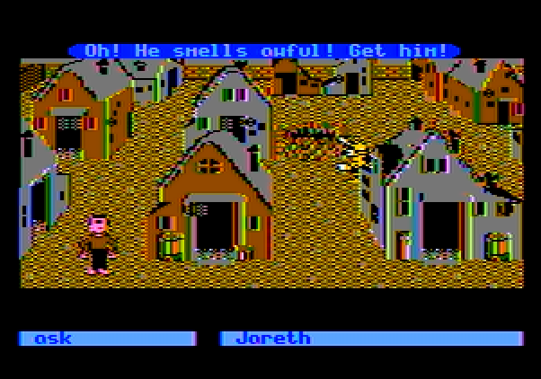 Labyrinth: The Computer Game Apple II Screenshot: The goblin city; they can smell you a mile away if you fall into the bog...