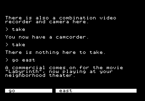 Labyrinth: The Computer Game Apple II Screenshot: Ah, the movie Labyrinth is playing! I should go check it out...