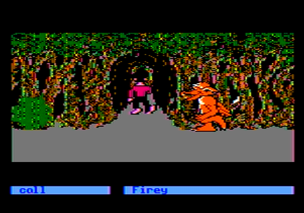 Labyrinth: The Computer Game Apple II Screenshot: In the forest...and a Firey appears.