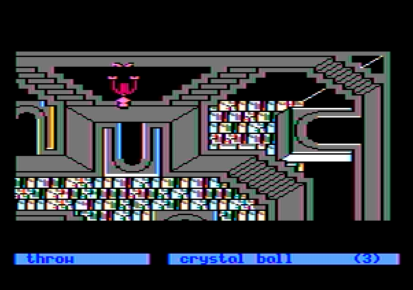 Labyrinth: The Computer Game Apple II Screenshot: I'm on the ceiling? The stair maze is confusing...