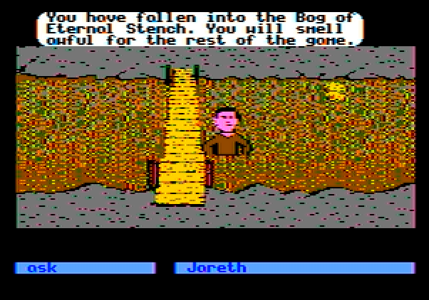Labyrinth: The Computer Game Apple II Screenshot: Oh no, I fell! Now I'll smell bad for the rest of the game...