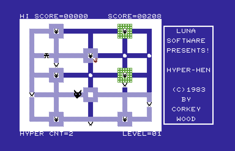 Hyper-Hen Commodore 64 Screenshot: Fill in the entire maze to complete the level.