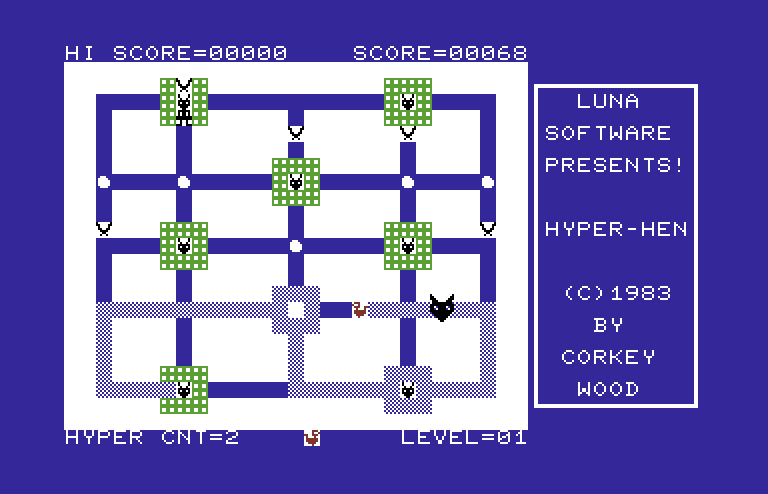 Hyper-Hen Commodore 64 Screenshot: Don't let Hyper-Hen get caught by the many dangers!