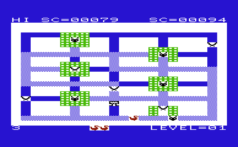 Hyper-Hen Commodore VIC-20 Screenshot: I'm closer to completing the level, but more enemies are appearing...