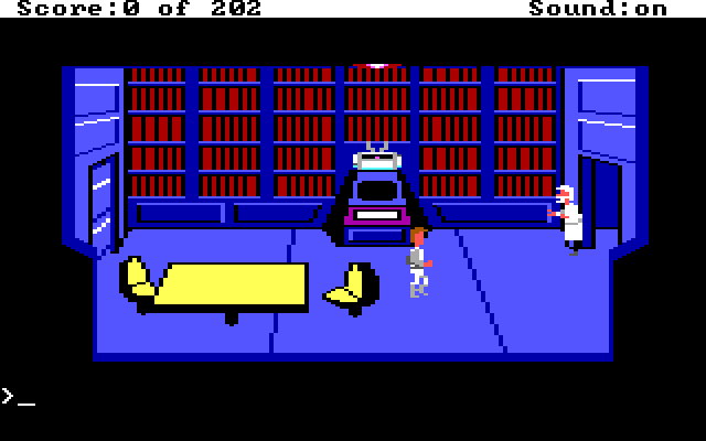 Space Quest: Chapter I - The Sarien Encounter IBM PC/Compatibles Screenshot: One of the scientists is injured...