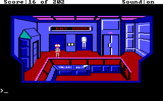 Space Quest: Chapter I - The Sarien Encounter IBM PC/Compatibles Screenshot: In a space suit, ready to escape.