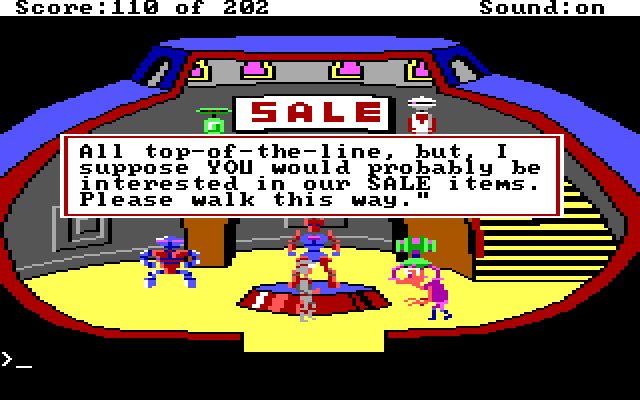 Space Quest: Chapter I - The Sarien Encounter IBM PC/Compatibles Screenshot: Everyone is a salesman around here...
