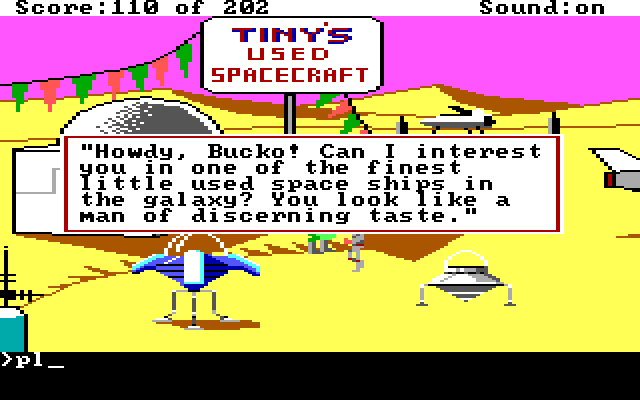 Space Quest: Chapter I - The Sarien Encounter IBM PC/Compatibles Screenshot: Tiny's used spacecraft...