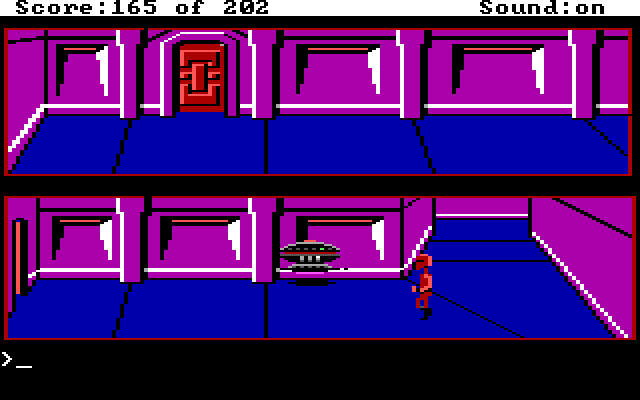 Space Quest: Chapter I - The Sarien Encounter IBM PC/Compatibles Screenshot: In disguise these robots leave you alone, but are deadly if they recognize you!