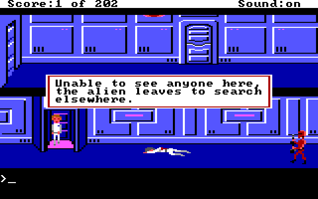 Space Quest: Chapter I - The Sarien Encounter IBM PC/Compatibles Screenshot: Hiding from an alien.