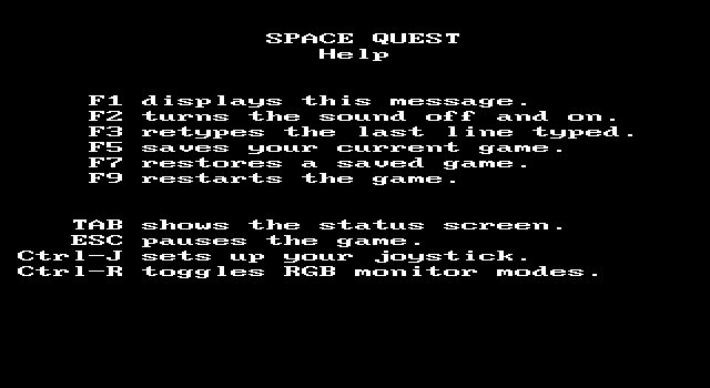 Space Quest: Chapter I - The Sarien Encounter IBM PC/Compatibles Screenshot: The help screen.