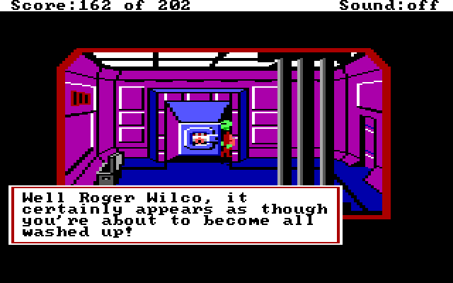 Space Quest: Chapter I - The Sarien Encounter IBM PC/Compatibles Screenshot: Hiding in the laundry...