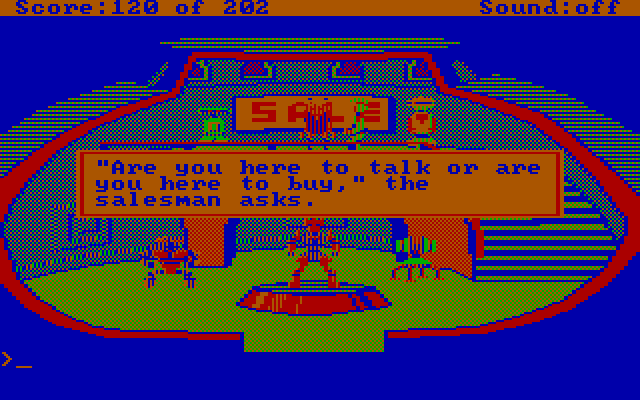 Space Quest: Chapter I - The Sarien Encounter IBM PC/Compatibles Screenshot: A shady salesman...