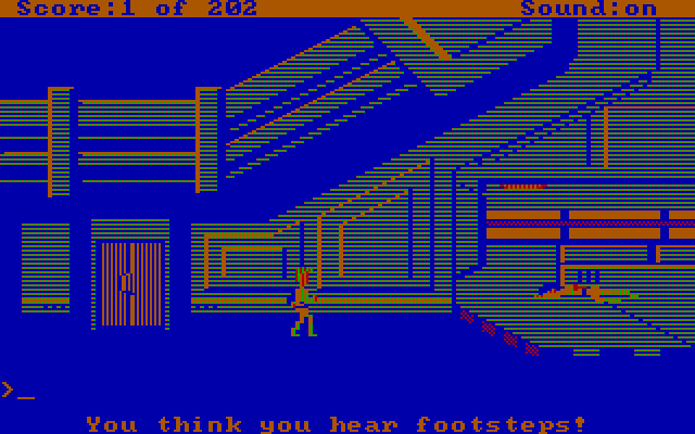 Space Quest: Chapter I - The Sarien Encounter IBM PC/Compatibles Screenshot: I hear footsteps...I need to hide, and quick!