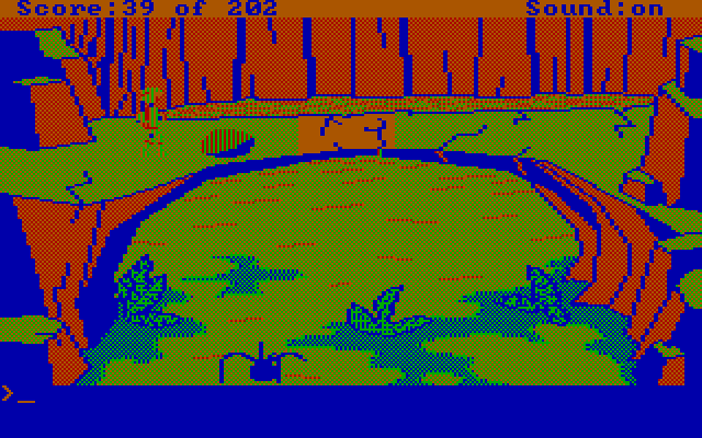 Space Quest: Chapter I - The Sarien Encounter IBM PC/Compatibles Screenshot: Crossing a bridge...beware the spider droid below!