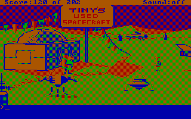 Space Quest: Chapter I - The Sarien Encounter IBM PC/Compatibles Screenshot: Tiny's Used Spacecraft...a shady spacecraft dealer...