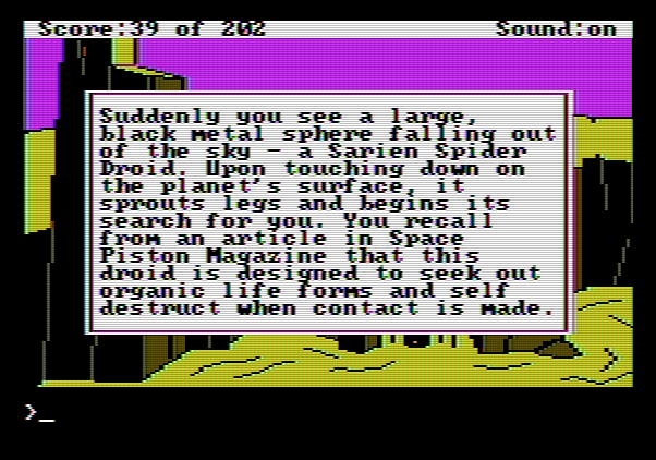 Space Quest: Chapter I - The Sarien Encounter Apple II Screenshot: Watch out for the spider droids!