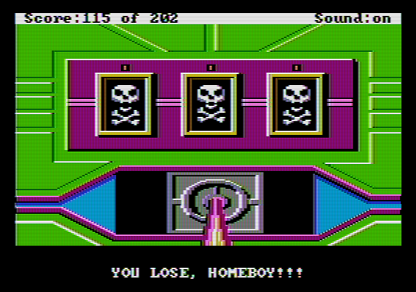 Space Quest: Chapter I - The Sarien Encounter Apple II Screenshot: You really don't want to lose when playing this slot machine!