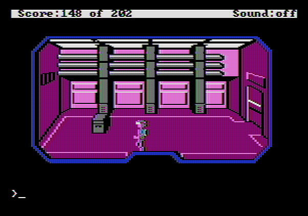 Space Quest: Chapter I - The Sarien Encounter Apple II Screenshot: A mostly empty room; where should I go from here?