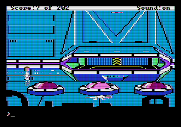 Space Quest: Chapter I - The Sarien Encounter Apple II Screenshot: Looks like I found a control room of some sorts...