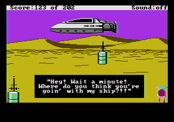 Space Quest: Chapter I - The Sarien Encounter Apple II Screenshot: Leaving Kerona...