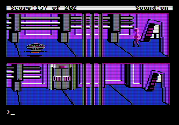 Space Quest: Chapter I - The Sarien Encounter Apple II Screenshot: These robots are safe to be around if you're in disguise...