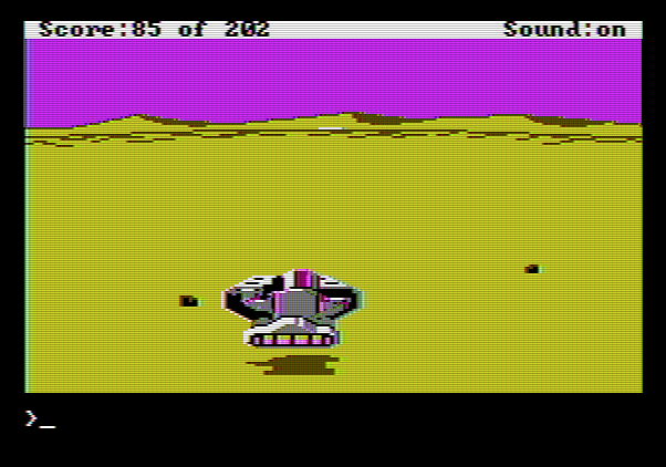 Space Quest: Chapter I - The Sarien Encounter Apple II Screenshot: An action sequence; don't hit the rocks!