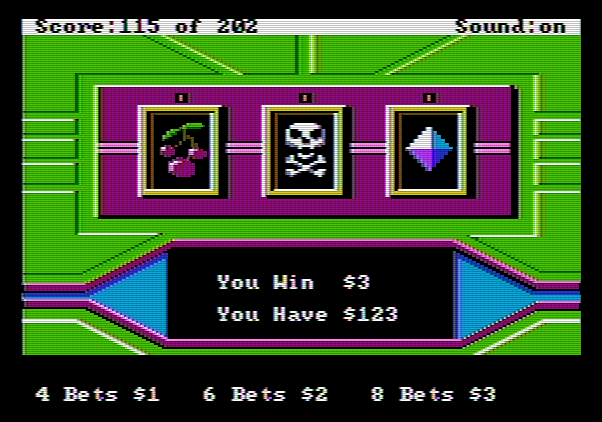 Space Quest: Chapter I - The Sarien Encounter Apple II Screenshot: Playing slots...I won a small amount of money!