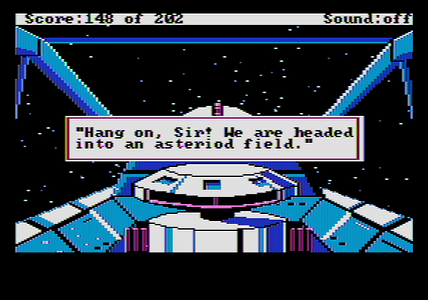 Space Quest: Chapter I - The Sarien Encounter Apple II Screenshot: An asteroid field! Luckily, this section is computer controlled and not an action sequence.