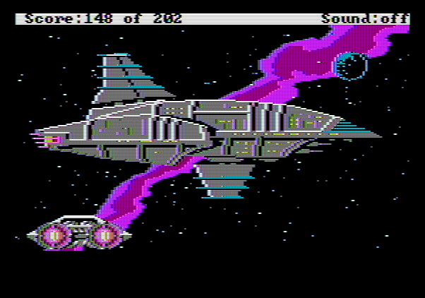 Space Quest: Chapter I - The Sarien Encounter Apple II Screenshot: Arrived at the Deltaur!
