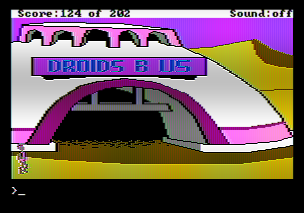 Space Quest: Chapter I - The Sarien Encounter Apple II Screenshot: I'll need a droid to pilot my new used spaceship...