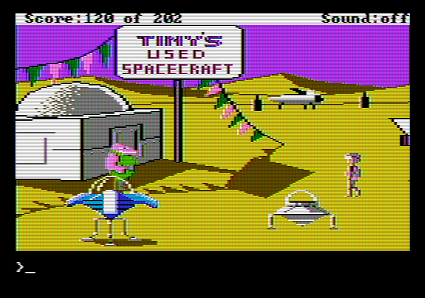 Space Quest: Chapter I - The Sarien Encounter Apple II Screenshot: Ah, I could use a used spacecraft!