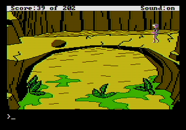Space Quest: Chapter I - The Sarien Encounter Apple II Screenshot: Crossing a rickety looking bridge!
