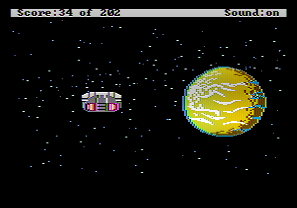 Space Quest: Chapter I - The Sarien Encounter Apple II Screenshot: Landing on Kerona...