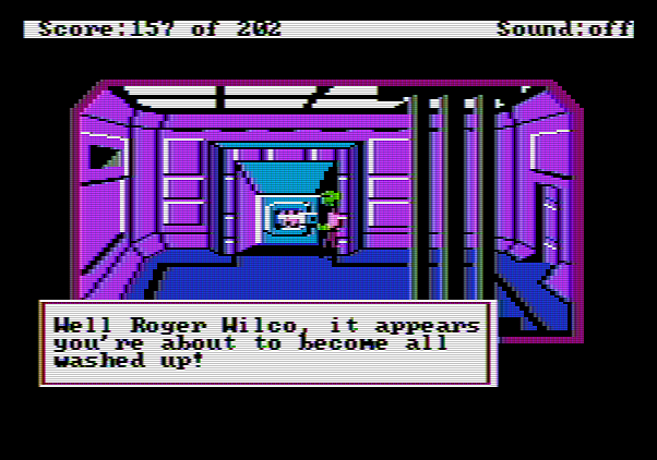 Space Quest: Chapter I - The Sarien Encounter Apple II Screenshot: Hmm, was hiding in the laundry a good idea?