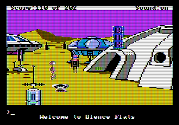 Space Quest: Chapter I - The Sarien Encounter Apple II Screenshot: Arrived at Ulence Flats.