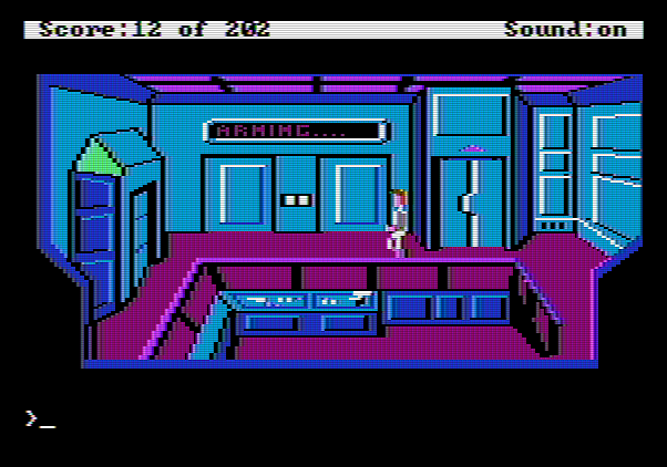 Space Quest: Chapter I - The Sarien Encounter Apple II Screenshot: The airlock control room.