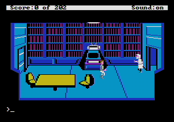 Space Quest: Chapter I - The Sarien Encounter Apple II Screenshot: An injured scientist stumbles into the room...